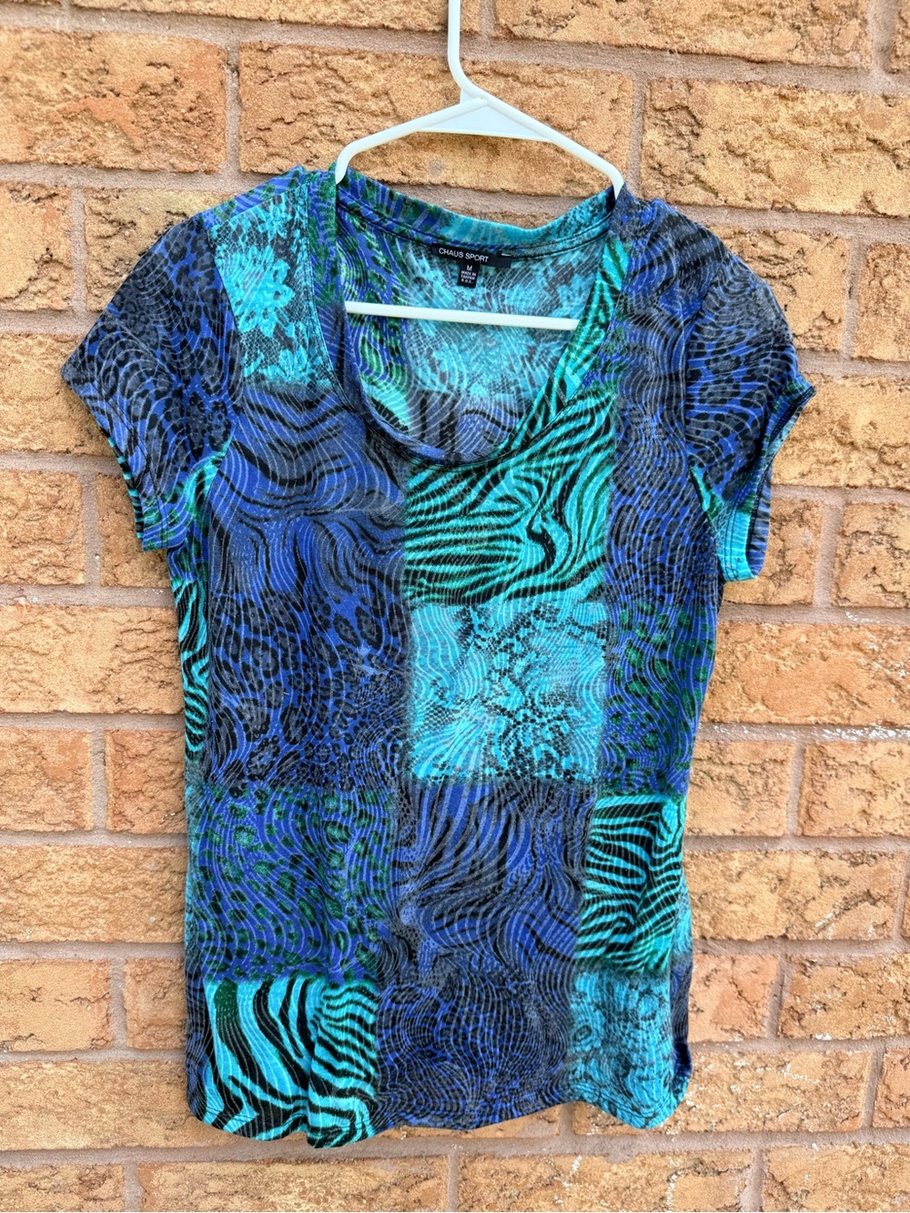 10/$25 • Chaus Sport Blue & Teal Patchwork Print Scoop Neck Top